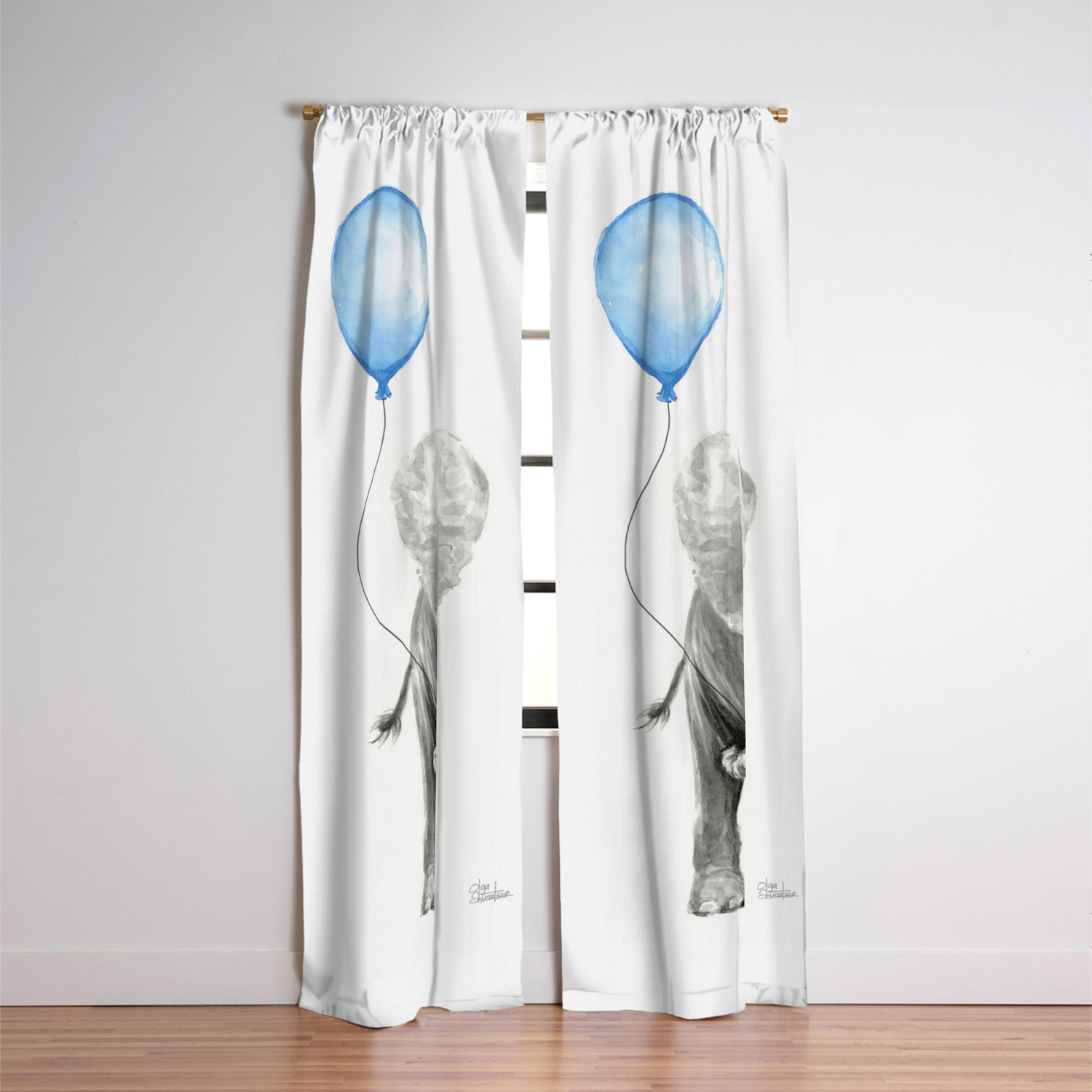 Baby Animal Elephant Watercolor Blue Balloon Baby Boy Nursery Room Decor Blackout Curtain By Olechka