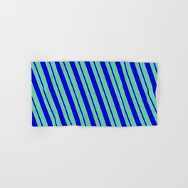 [ Thumbnail: Aquamarine and Blue Colored Pattern of Stripes Hand & Bath Towel ]