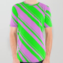 [ Thumbnail: Violet and Lime Colored Stripes Pattern All Over Graphic Tee ]