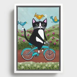Tuxedo Cat Spring Bicycle Ride Framed Canvas