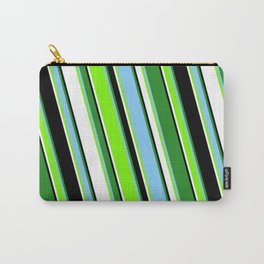 [ Thumbnail: Colorful Forest Green, Light Sky Blue, Green, White, and Black Colored Pattern of Stripes Carry-All Pouch ]