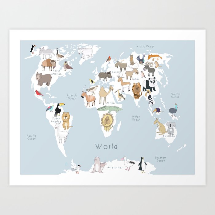 World Map with Light Grey Background Illustrated with Carla Daly's Fun Animals Art Print