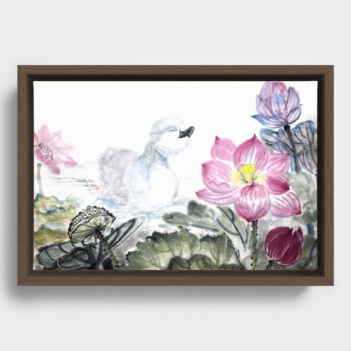 Oriental style - Duck on the pond Framed Canvas