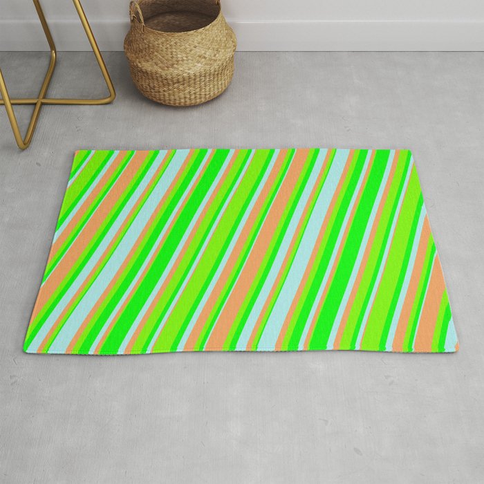 Turquoise, Brown, Green, and Lime Colored Lines Pattern Rug
