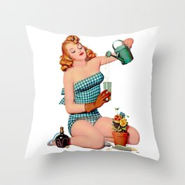 Red Sexy Pinup With Watering Can For Garden Throw Pillow