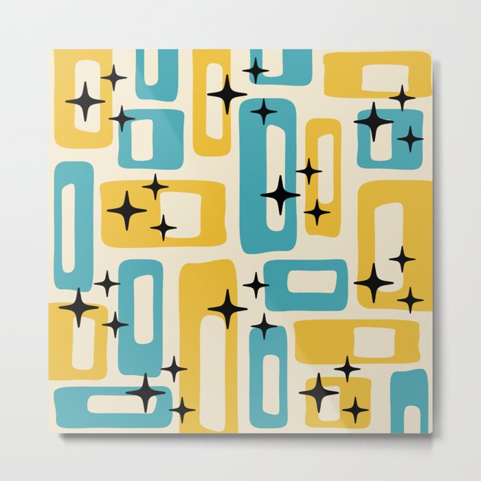 Retro Mid Century Modern Abstract Pattern 224 Blue and Yellow Metal Print
