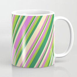 [ Thumbnail: Orchid, Green, Sea Green, and Beige Colored Stripes Pattern Coffee Mug ]