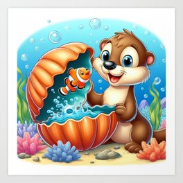 Otter and Fish Art Print
