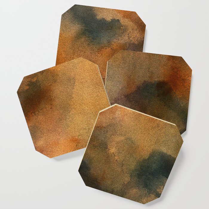 Atmospheric blend, blue, orange and gold abstract watercolor  Coaster