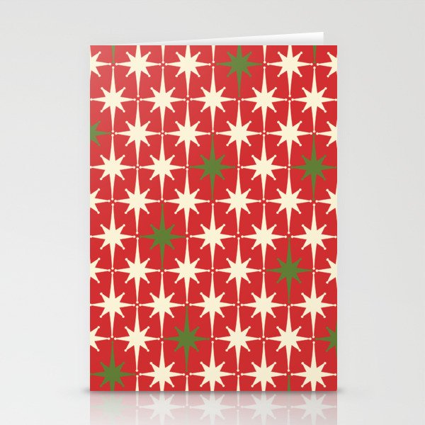 Atomic Age Christmas Starbursts - Midcentury Modern Xmas Holiday Pattern Cream Green Red Stationery Cards
