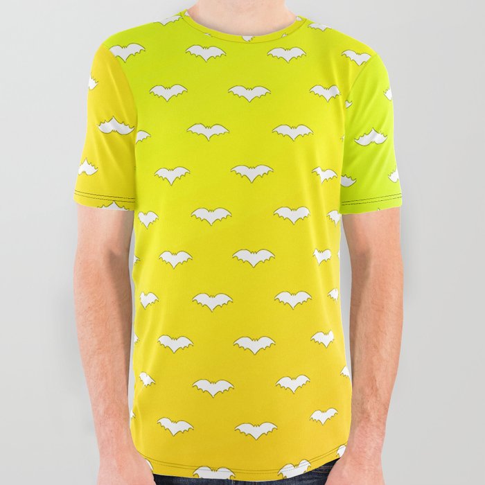 White Tiny Bats Yellow All Over Graphic Tee