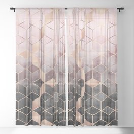 Pink And Grey Gradient Cubes Sheer Curtain