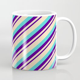 [ Thumbnail: Indigo, Tan, and Turquoise Colored Striped/Lined Pattern Coffee Mug ]