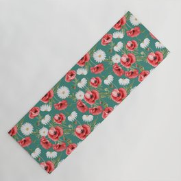 Daisy and Poppy Seamless Pattern on Green Blue Background Yoga Mat