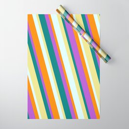 [ Thumbnail: Eye-catching Orchid, Teal, Tan, Light Cyan, and Dark Orange Colored Pattern of Stripes Wrapping Paper ]