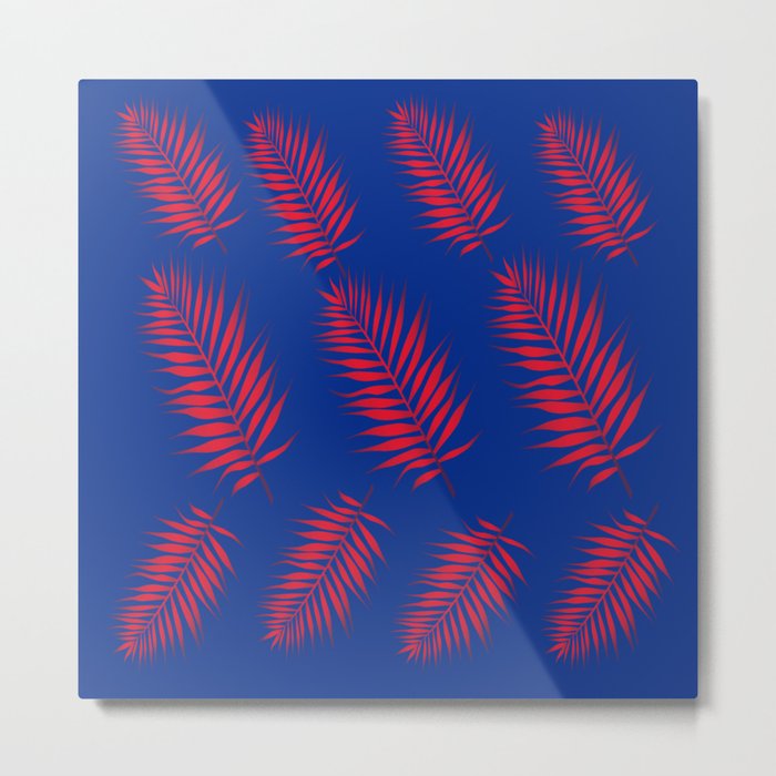 Red Palm Leaves with Blue Background  Metal Print