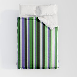 [ Thumbnail: Colorful Forest Green, Slate Blue, White, Green, and Black Colored Stripes Pattern Comforter ]