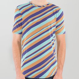 [ Thumbnail: Dark Slate Blue, Turquoise & Brown Colored Stripes/Lines Pattern All Over Graphic Tee ]