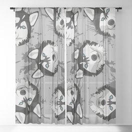 Decorative Dog Print Husky Muzzles Dark  Sheer Curtain