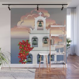 Island Santorini sunset White belfry with bougainvillea from Greece Wall Mural