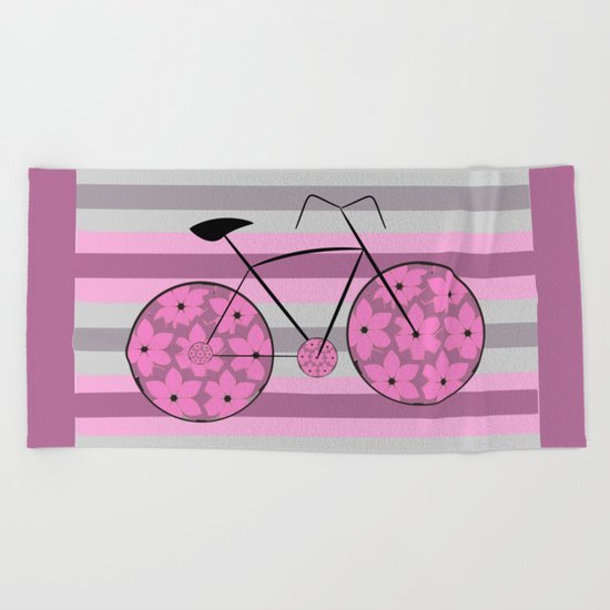 Floral ride in stripes Beach Towel