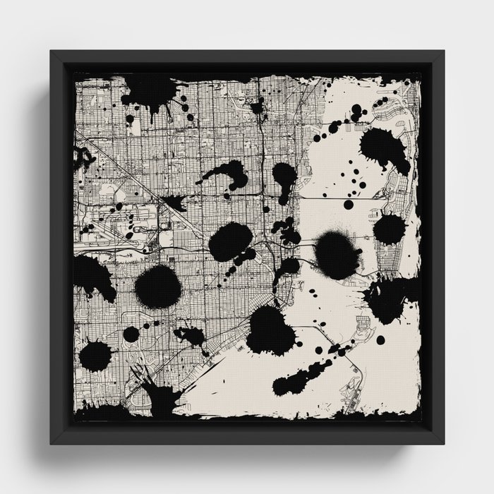 Artistic Miami Map - Black and White Framed Canvas