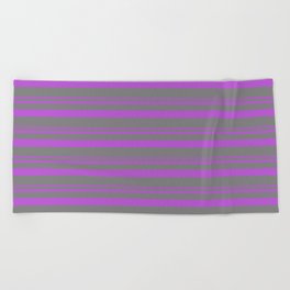 [ Thumbnail: Orchid and Grey Colored Lined Pattern Beach Towel ]