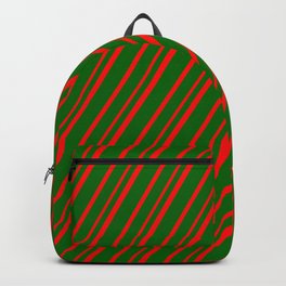 [ Thumbnail: Dark Green & Red Colored Lines Pattern Backpack ]