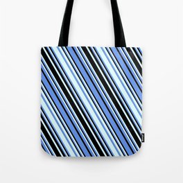 [ Thumbnail: Cornflower Blue, Black, and Light Cyan Colored Striped Pattern Tote Bag ]