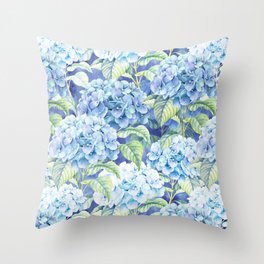 Botanical pink blue watercolor hortensia floral Throw Pillow