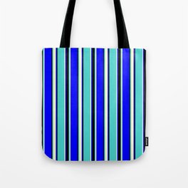 [ Thumbnail: Blue, Light Yellow, Turquoise, and Black Colored Striped/Lined Pattern Tote Bag ]