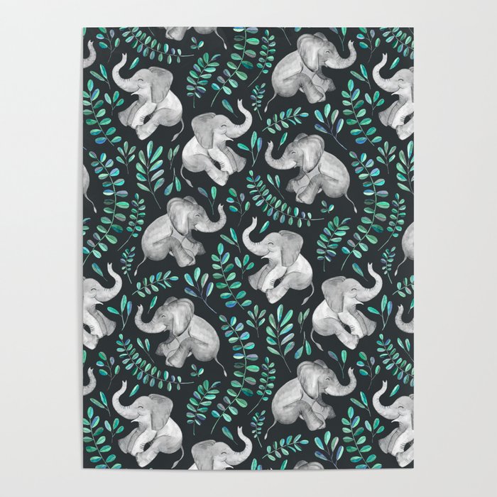 Laughing Baby Elephants – emerald and turquoise Poster