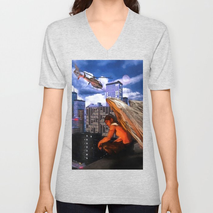 Angel Above City Streets V Neck T Shirt