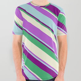 [ Thumbnail: Eye-catching Orchid, Powder Blue, Purple, Sea Green & Beige Colored Stripes/Lines Pattern All Over Graphic Tee ]