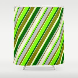 [ Thumbnail: Vibrant Beige, Chartreuse, Dark Green, Grey, and Green Colored Lined Pattern Shower Curtain ]