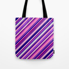 [ Thumbnail: Eye-catching Purple, Dark Orchid, Blue, Hot Pink & Light Grey Colored Lined Pattern Tote Bag ]
