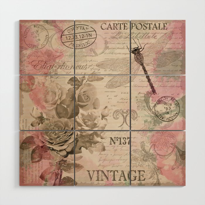 Vintage Flowers with roses and dragonfly.  Wood Wall Art