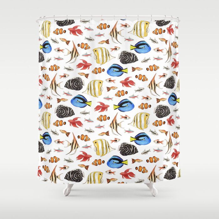 Tropical Fish on White - pattern Shower Curtain