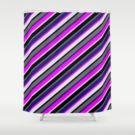 [ Thumbnail: Colorful Fuchsia, Lavender, Black, Dim Grey & Midnight Blue Colored Stripes/Lines Pattern Shower Curtain ]