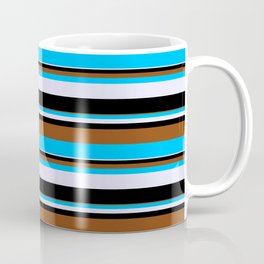 [ Thumbnail: Brown, Deep Sky Blue, Lavender, and Black Colored Pattern of Stripes Coffee Mug ]