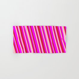 [ Thumbnail: Fuchsia, Crimson, and Pink Colored Striped/Lined Pattern Hand & Bath Towel ]