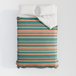 [ Thumbnail: Light Salmon & Teal Colored Stripes/Lines Pattern Comforter ]
