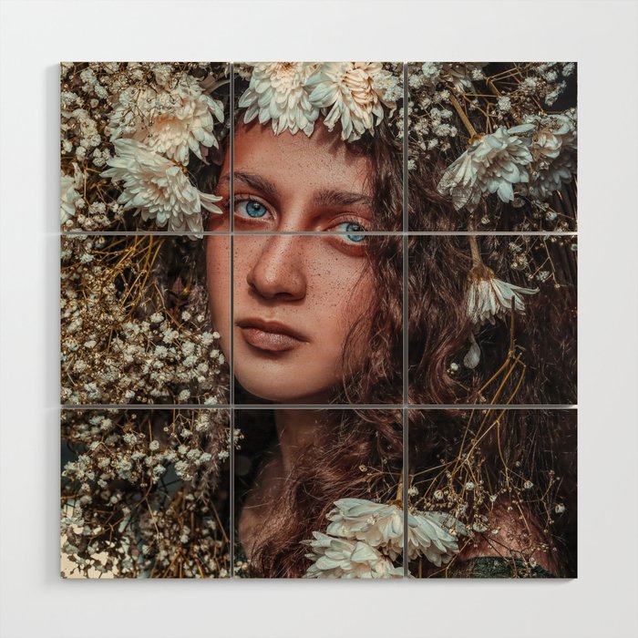 Floral forest female portrait with white blossoms color magical realism photograph / photography Wood Wall Art