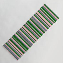 [ Thumbnail: Light Pink, Slate Gray & Dark Green Colored Pattern of Stripes Yoga Mat ]