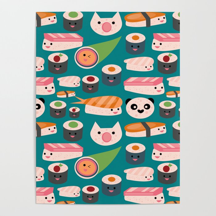 Kawaii sushi teal Poster