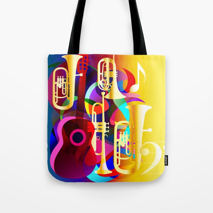 Colorful music instruments with guitar, trumpet, musical notes, bass clef and abstract decor Tote Bag