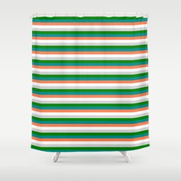 [ Thumbnail: Vibrant Light Gray, Green, Dark Cyan, Coral, and White Colored Lined Pattern Shower Curtain ]