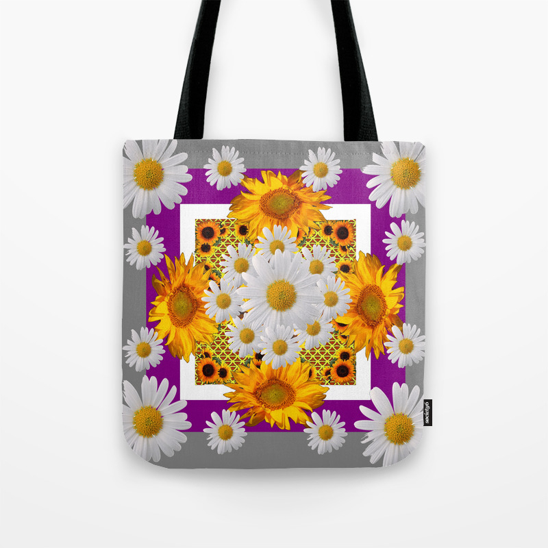 Grey White Daisies Floral Abstract Yellow Sunflowers Tote Bag By Sharlesart Society6