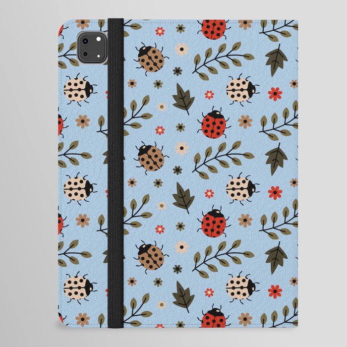 Ladybug and Floral Seamless Pattern on Pale Blue Background iPad Folio Case