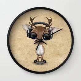 Cute Musical Reindeer Dj Wearing Headphones Wall Clock